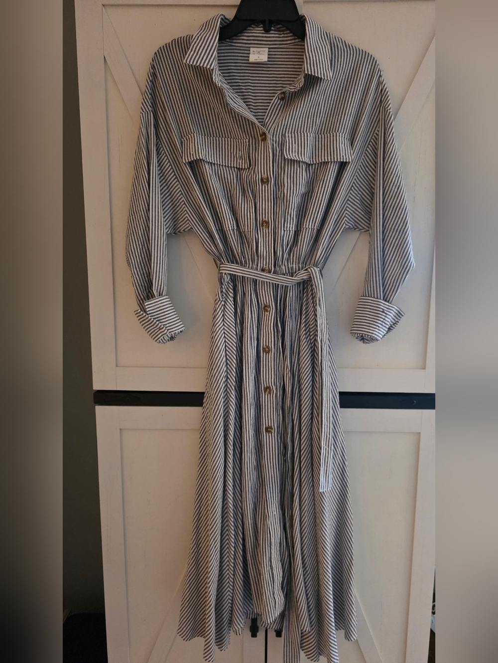 By Together Navy & White Striped Maxi Shirt Dress with Tie Waist